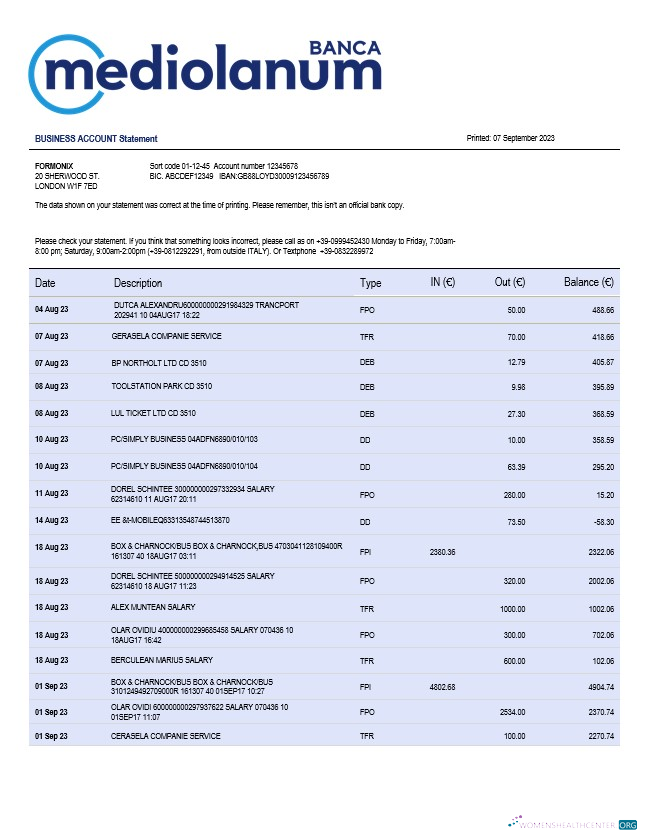 Download Banca Mediolanum firm account statement Word and PDF template Photoshop template